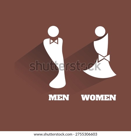Creative and simple restroom sign for men and women: Modern abstract gender symbol with long shadow. A stylish and creative restroom sign with abstract white portraits for men and women on a brown background. This design uses elegant shapes with bow-tie and clothing motifs, along with a modern long-shadow effect, suitable for high-end hospitality or restaurant interior decoration.