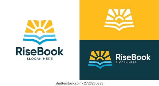Plantilla creativa del logotipo del libro de aumento simple. Libro abierto con la Ilustración vectorial de diseño del logotipo de la salida del sol.
