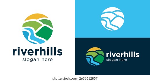 Creative simple river hills logo template. Landscape logo design vector illustration.