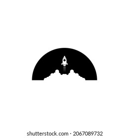 Creative simple rocket take off logo design. Isolated in black. Vector illustration