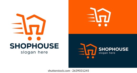 Creative simple shophouse logo template. Shopping cart with abstract home symbol logo design vector illustration.