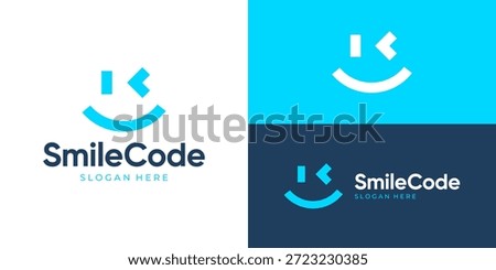 Creative simple smile code logo template. Fun code logo design vector illustration.