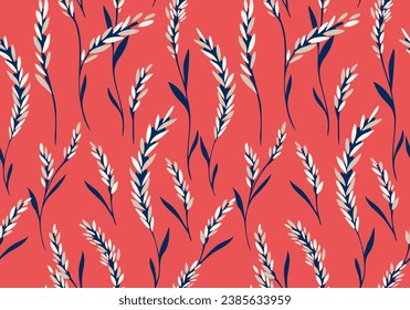 Creative simple spica branches seamless pattern on a red background. Hand drawn vector sketch. Template for design, fabric, fashion, wallpaper, surface design.