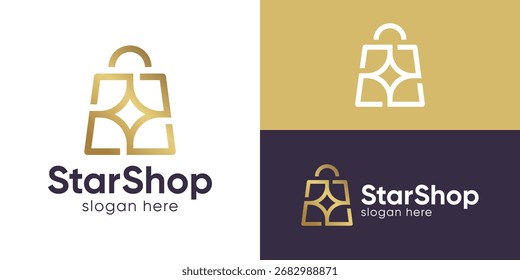 Plantilla de logotipo de tienda de estrella simple creativa. Bolso de compras con la Ilustración vectorial del diseño del logotipo de la estrella.