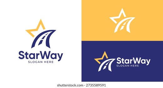 Creative simple star way logo template. Star with road street pathway symbol, road to success logo design vector illustration.