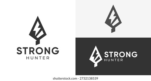 Plantilla creativa del logotipo del cazador fuerte simple. Cabeza de flecha Abstractas con Ilustración vectorial de diseño de logotipo de símbolo de rayo.
