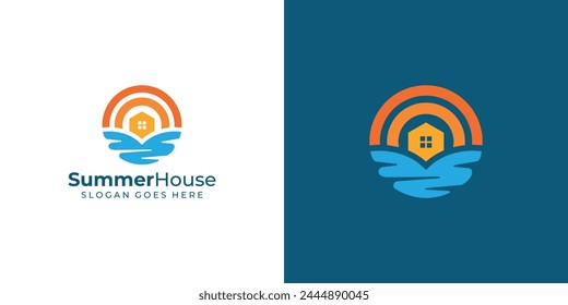 Creative Simple Summer House Logo. Sun Beach and Home, Resort with Modern Minimalist Style. Holiday Logo Icon Symbol Vector Design Inspiration.