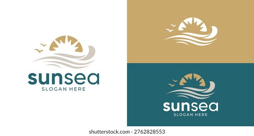 Creative simple sun sea logo template. Sun sunset sunrise surfing water sea wave river summer symbol logo design vector illustration.