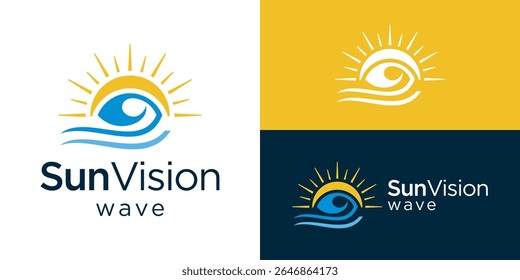 Creative simple sun vision logo template. Abstract wave and eye with nature sun logo design vector illustration.