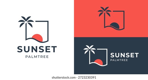 Creative simple sunset palm tree logo template. Sun with palmtree logo design vector illustration.