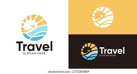 Creative simple travel logo template. Sun sunset sunrise symbol with sea wave beach summer logo design vector illustration.