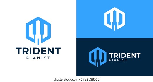Plantilla creativa del logotipo del pianista del tridente simple. Piano Abstractas con tridente en forma de hexágono, Ilustración vectorial de diseño de logotipo de entretenimiento.