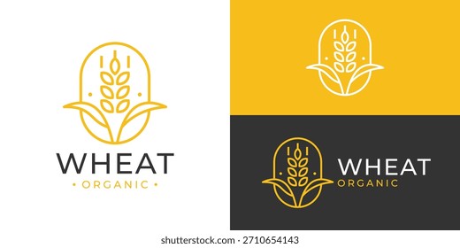 Creative simple wheat organic logo template. Organic wheat grain rice harvest logo design vector illustration.