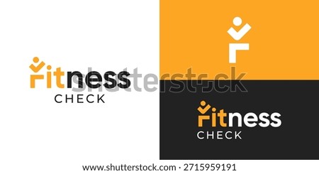 Creative simple wordmark fitness check logo template. Letter F as human person with checkmark symbol logo design vector illustration.