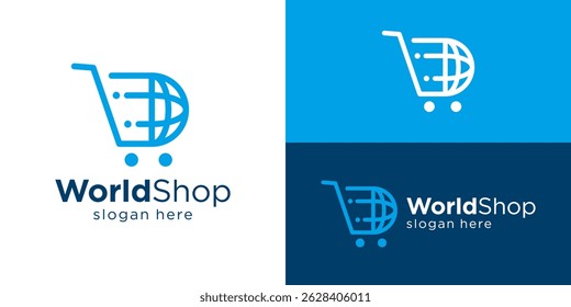 Modelo de logotipo de loja mundo simples criativo. Carrinho de compras abstrato com símbolo de globo para ilustração vetorial de design de logotipo de loja online.