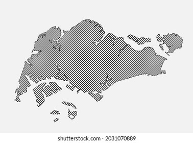 Plantilla de mapa creativa de Singapur a partir de líneas diagonales negras aisladas en segundo plano. País asiático para patrones, diseño, ilustración, telón de fondo. Esquema de concepto geográfico del estado del mapa de vectores Singapur