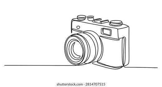A creative single line art illustration of a vintage style camera. This minimalist drawing captures the essence of photography in a simple continuous line.