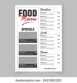 Creative single page restaurant menu card template design vector for restaurant and cafe
