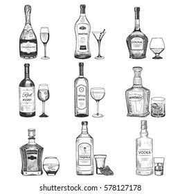 Creative sketch of alcohol drinks. Vector illustration with graphic silhouette of bottles and goblets. Set used for advertising beverage in restaurant, pub menu, for poster or banner design.