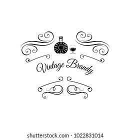 Creative sketch of brandy composition. Vector illustration. Hand drawing set used for advertising drinks premium quality, beverage in restaurant or pub menu, for logo design. Swirls, ornate frames.