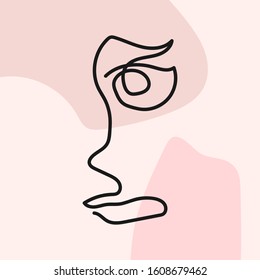 Creative sketch of human face on background with abstract shapes. Drawn by hand. Modern vector illustration.