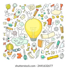 Creative sketch of idea concept with doodle icons of people, light bulb, pencil and rocket. Vector hand drawn illustration of school education, brainstorm in team, success business solutions
