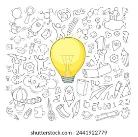 Creative sketch of idea concept with doodle icons of people, light bulb, pencil and rocket. Vector hand drawn illustration of school education, brainstorm in team, success business solutions