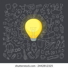 Creative sketch of idea concept with doodle icons of people, light bulb, pencil and rocket. Vector hand drawn illustration of school education, brainstorm in team, success business solutions