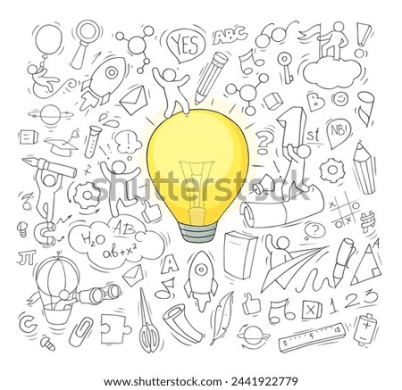 Creative sketch of idea concept with doodle icons of people, light bulb, pencil and rocket. Vector hand drawn illustration of school education, brainstorm in team, success business solutions