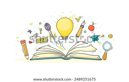 Creative sketch of idea concept with doodle open book, light bulb, stationery. Vector hand drawn illustration of school education, brainstorm, success solutions
