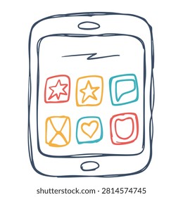 A creative sketch illustration of a mobile device featuring six simple colorful app icons displayed on the screen