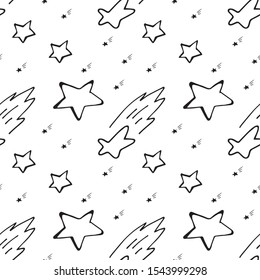 Creative Sketch Stars Seamless Pattern For Starry Sky Textile Print. Doodle Sketched Star Texture, Hand Drawn Grunge Asterisk Silhouettes