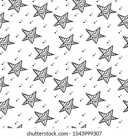 Creative Sketch Stars Seamless Pattern For Starry Sky Textile Print. Doodle Sketched Star Texture, Hand Drawn Grunge Asterisk Silhouettes