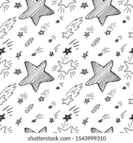 Creative Sketch Stars Seamless Pattern For Starry Sky Textile Print. Doodle Sketched Star Texture, Hand Drawn Grunge Asterisk Silhouettes