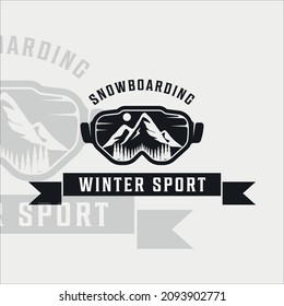 gafas de esquí creativas y el logotipo de montaña vintage ilustración de la plantilla icono diseño gráfico. signo o símbolo de deporte de aventura extremo e invierno para negocios o viajes con estilo tipográfico