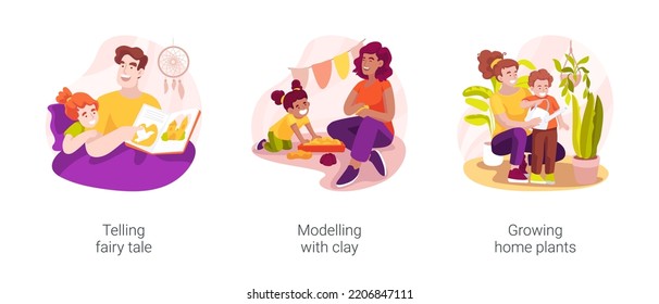 Creative Skills Development At Home Isolated Cartoon Vector Illustration Set. Telling Fairy Tale, Modelling With Clay, Growing Home Plants, Bedtime Storytelling, Parental Daycare Vector Cartoon.