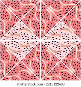Kreative Haut endlose Tapete. Abstrakte Wassermelonen schneiden Mosaik nahtlose Muster. Dekoratives Design für Gewebe, Stoffdruck, Umhüllung, Deckel. Vektorgrafik