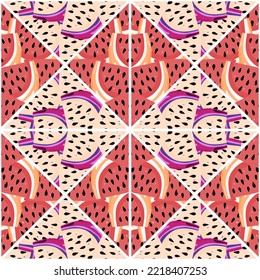 Kreative Haut endlose Tapete. Abstrakte Wassermelonen schneiden Mosaik nahtlose Muster. Dekoratives Design für Gewebe, Stoffdruck, Umhüllung, Deckel. Vektorgrafik
