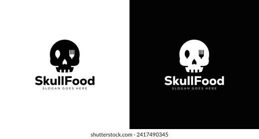 Creative Skull food Logo. Spoon Fork, Skeleton Food Restaurant Logo Icon Symbol Vector Design Template.