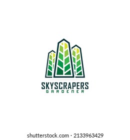 creative skyscrapers with leaf real estate logo design, modern eco city logo concept, building icon, vector template