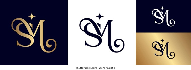 Creative SM monogram logo, ideal for artistic ventures, fashion labels, or unique branding. Features flowing script letters with a star accent, presented on dark blue, white, and gold backgrounds.
