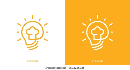Creative Smart Chef Logo. Lightbulb and Chef Hat Graphic Icons. Idea Chef Logo Design Template.