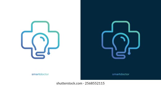 Creative Smart Doctor Logo. Cross Health and Lamp Lightbulb Icon Graphic. Medical Logo Design Template.