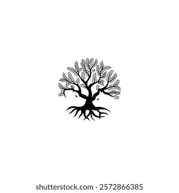 Creative and smart illustration combine design of tree, dog and cat. Animal negative space. Round tree and two pets for logo, symbol, icon, art. Vector design for mangrove, zoo, life, parks, nature