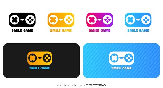 Creative Smile Game logo collection featuring a minimalist gamepad with a smiling face design. Includes vibrant gradient icons on white, black, and blue backgrounds for gaming apps. Professional set of Game controller logos with a friendly face element for digital applications. Features clean geometric gamepad shapes in various color palettes for dark and light interface modes