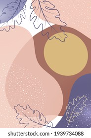 Formas creativas solapadas, silueta de hojas de roble. Oferta de venta de verano. Arte de moda para portada, afiche, internet, página, medios sociales, anuncio, saludo, postal Ilustración vectorial
