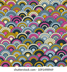 Creative snake skin scales squama background, vector seamless fabric pattern, tiled textile print. Typical japanese squama scales seamless arc tiles ornament. Siren skin pattern.
