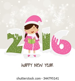 Creative snow covered text 2016 with cute little girl holding a book on snowflakes decorated background for Happy New Year celebration.