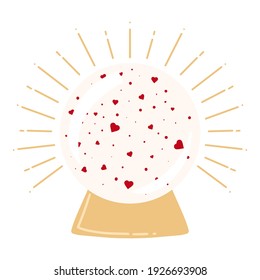 Creative snow globe illustration. Invitation card with hearts for Valentines day. Hand drawn romantic background. Themed gold snow globe poster