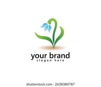 creative snowdrop flowers logo, blue snowdrop with v shaped leaves, logo design template